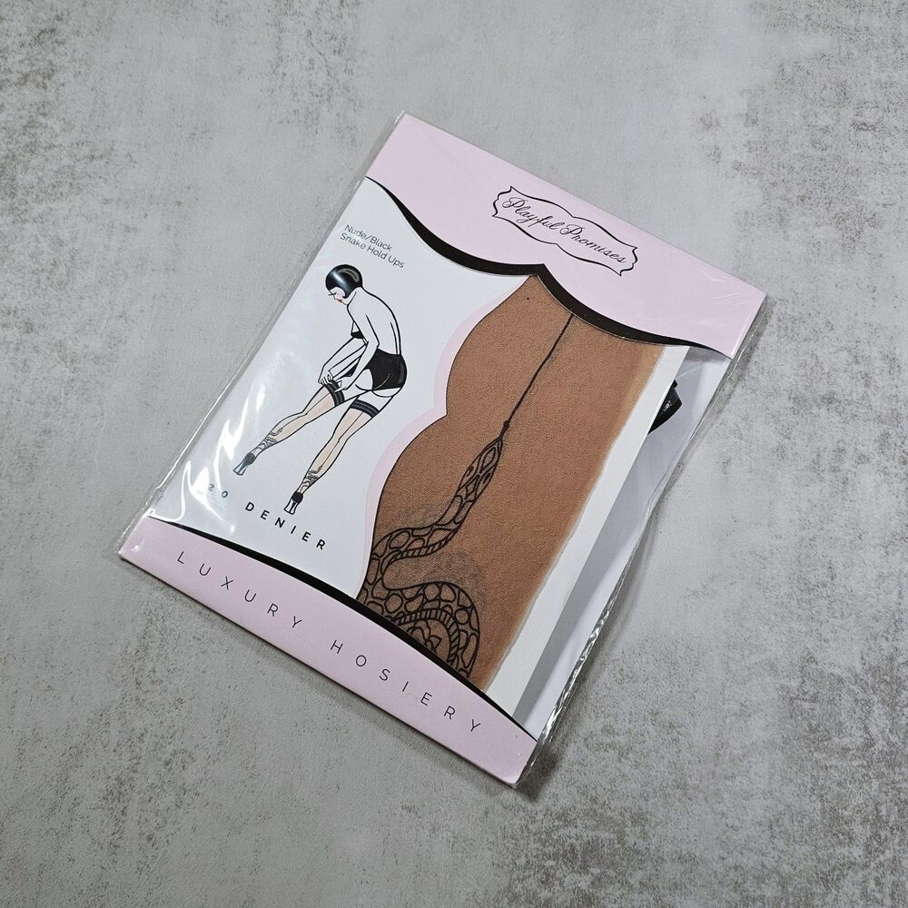 Playful Promises Seamed Hold Ups Stockings with Snake Print, Beige/Black, Size L